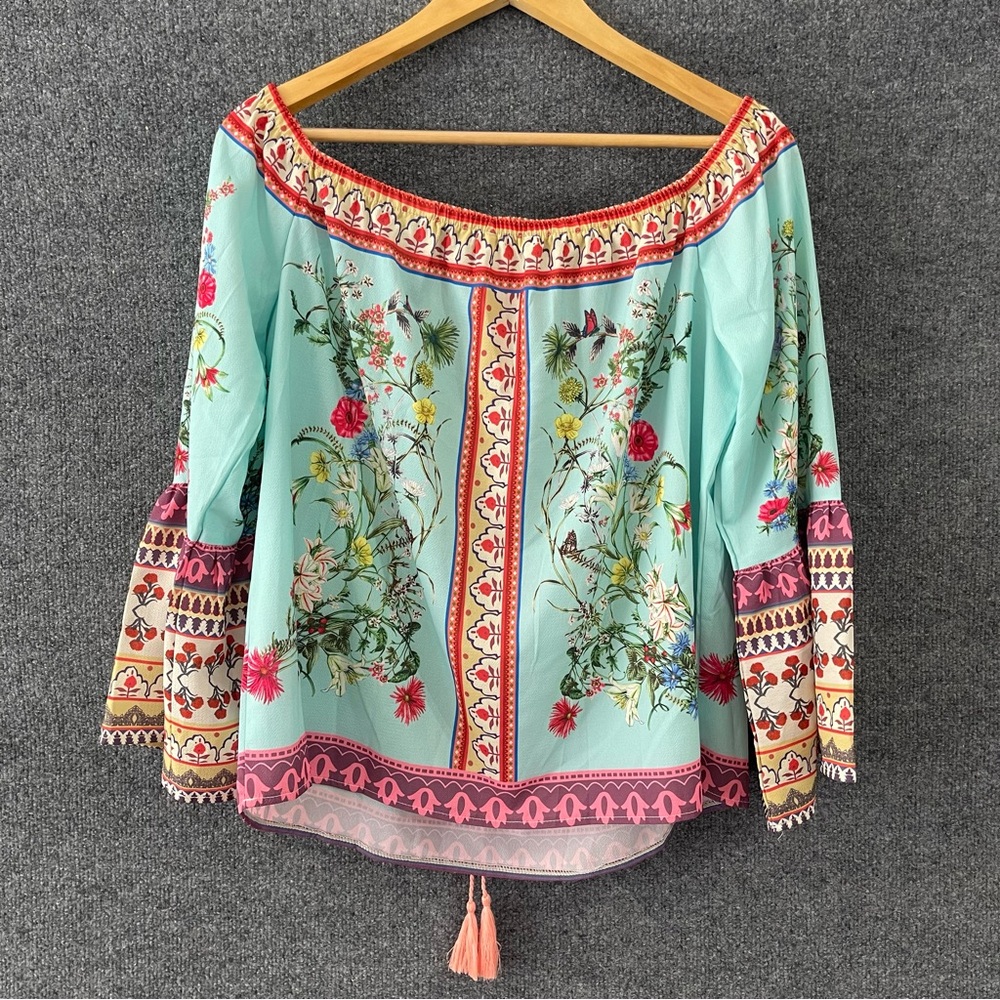 UMGEE Womens Off The Shoulder Boho Top Size Medium Teal Vacation - Picture 3 of 9